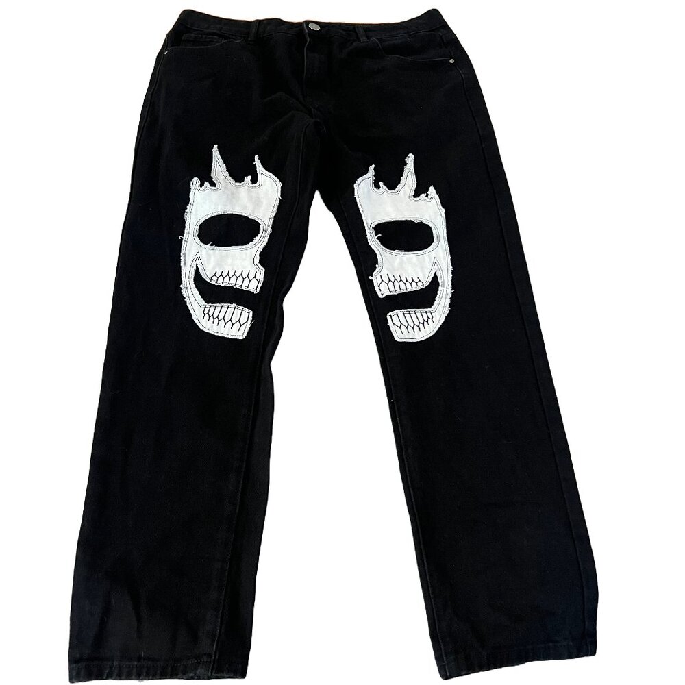 Men's 38x30 Black Flame Skull Jeans - Unbranded